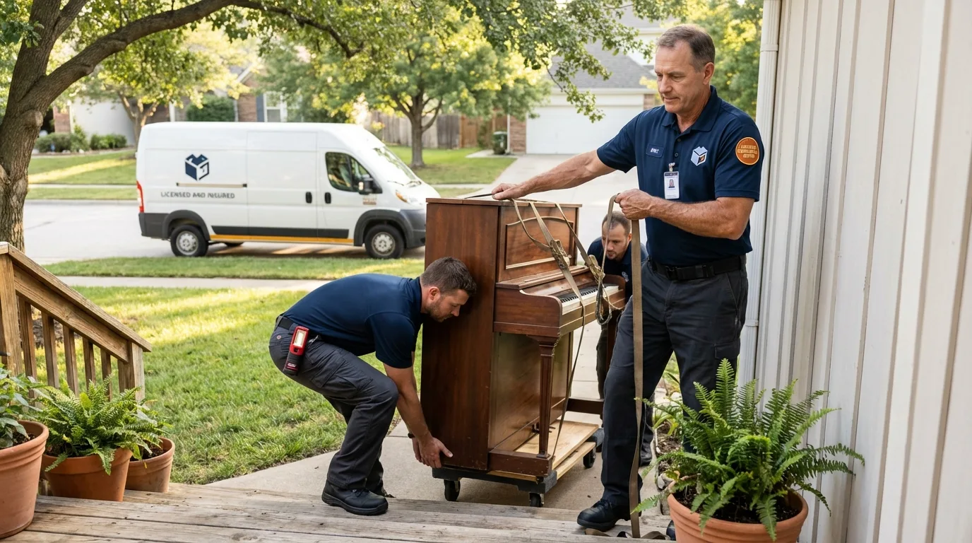 Licensed piano movers securing grand piano in Bloomfield, NJ