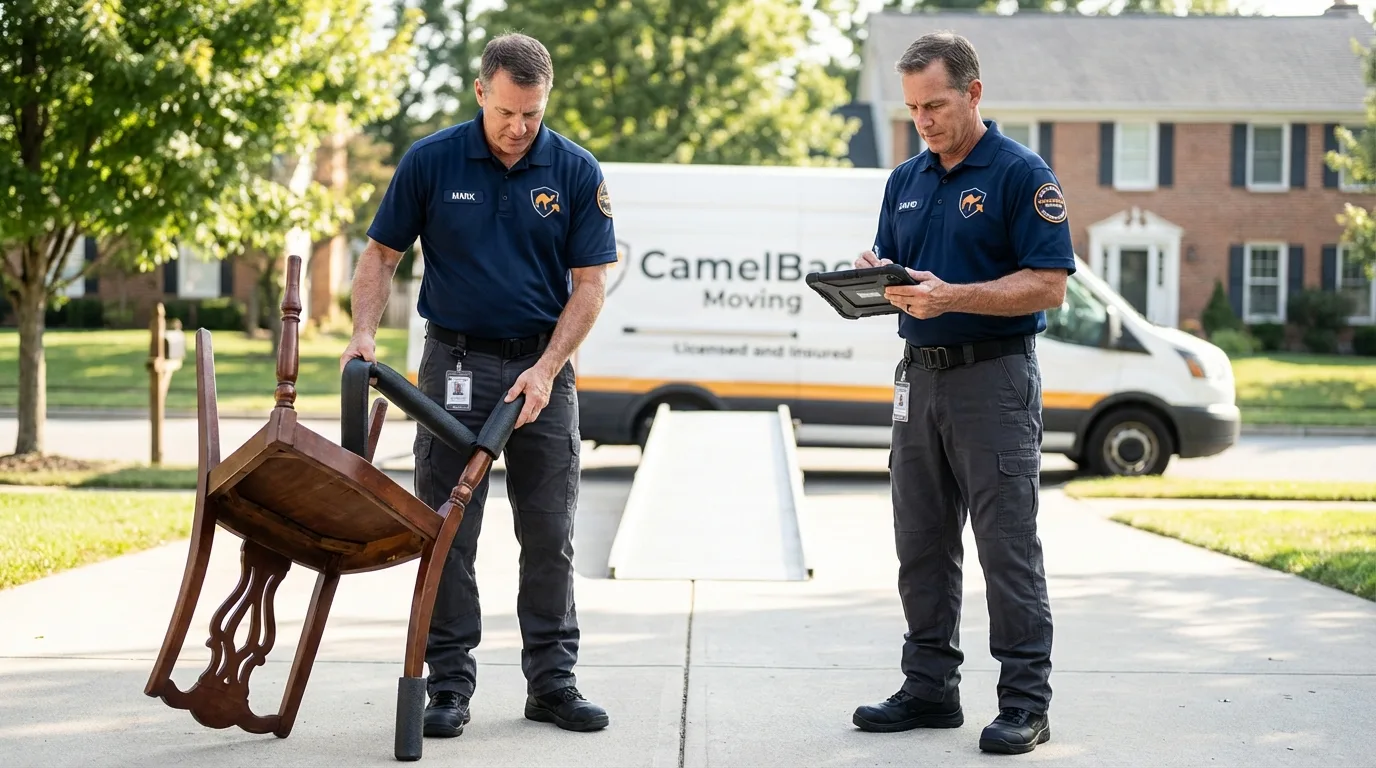 Movers inspecting furniture for damage prevention before loading in Bloomfield, NJ