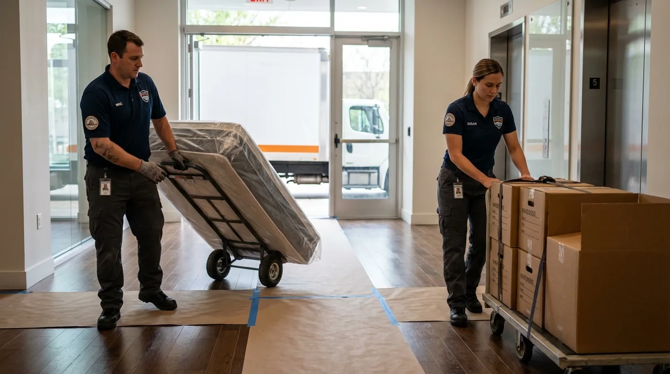 Professional apartment movers loading elevator in Bloomfield, NJ