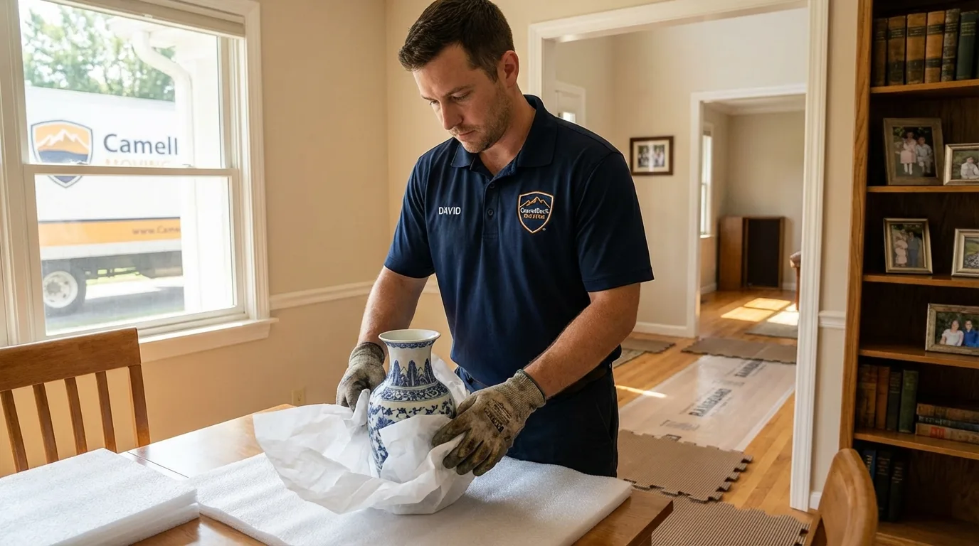Professional crew carefully wrapping antique vase for senior downsizing move in Bloomfield, NJ